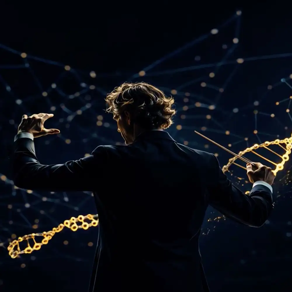 Dirigent von hinten vor einem leuchtenden Netzwerk mit DNA-Helix – Sinnbild für das Zusammenspiel vieler Systeme