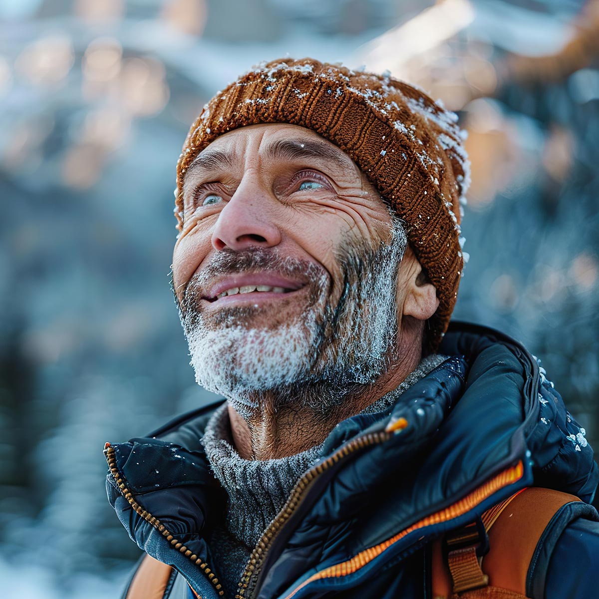 Älterer Mann mit brauner Wintermütze im Schnee im Freien