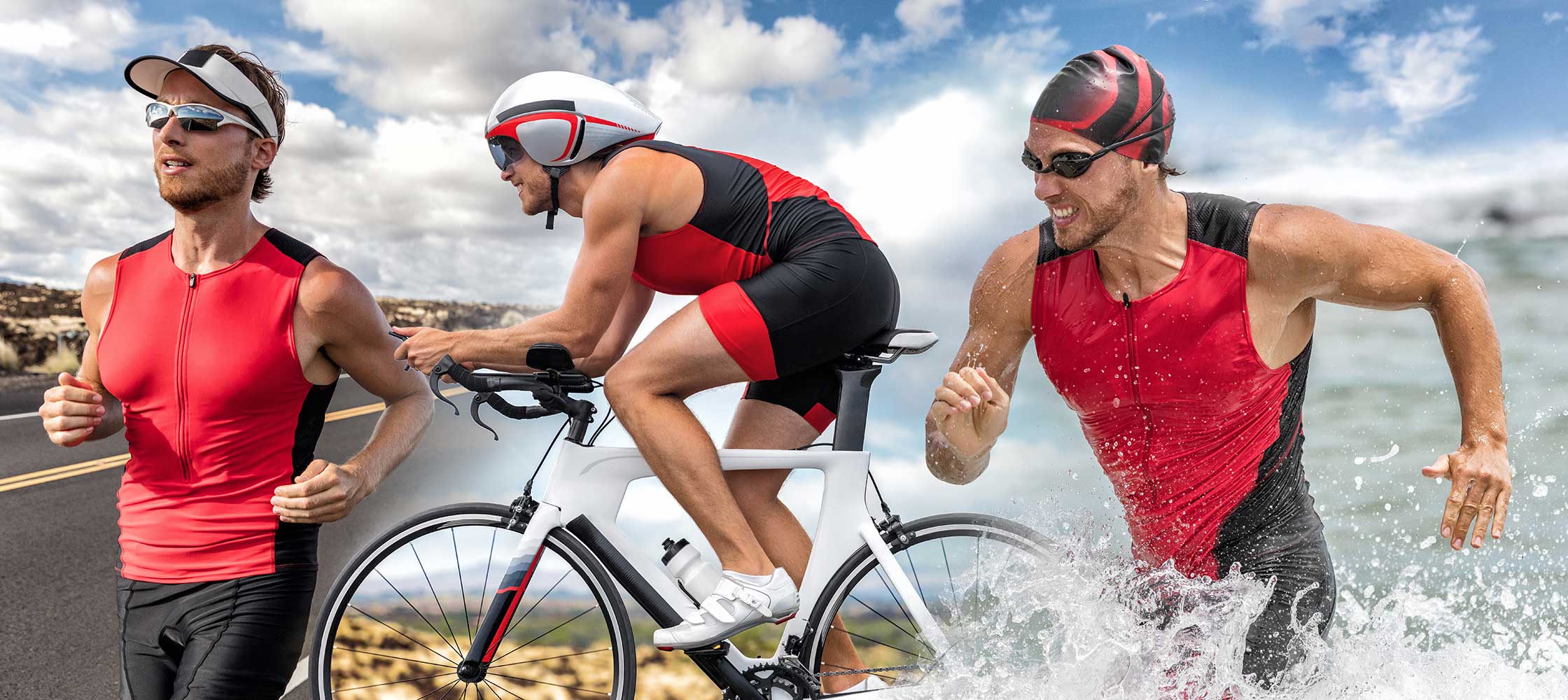 Triathleten beim Laufen, Radfahren und Schwimmen — ABC Athleten Biomarker Cockpit im DZIP Hannover